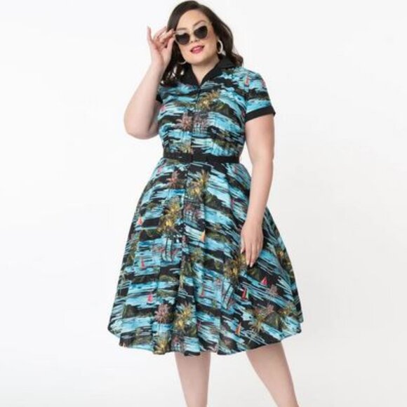 Unique Vintage Dresses & Skirts - Unique Vintage Plus Size Blue & Black Palm Print Print Alexis Swing Dress - 1X